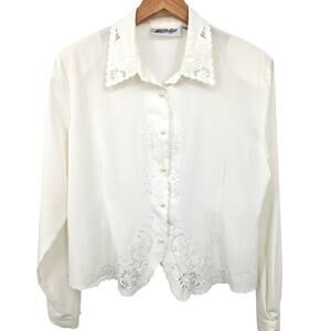VTG 80s Sz L Lace Embroidered Floral Long Sleeve Blouse Romantic Feminine Detail